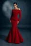 Woman wearing a red off-shoulder gown against a dark background
